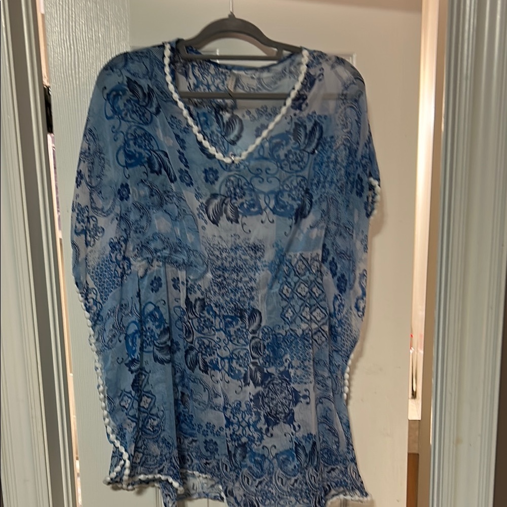 XAMIANF Blue Sheer Floral Blouse